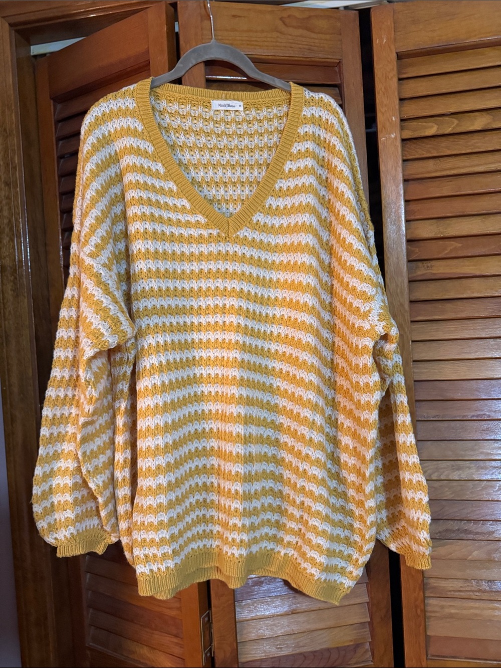 Cozy V-Neck Striped Knit Sweater - Yellow & White